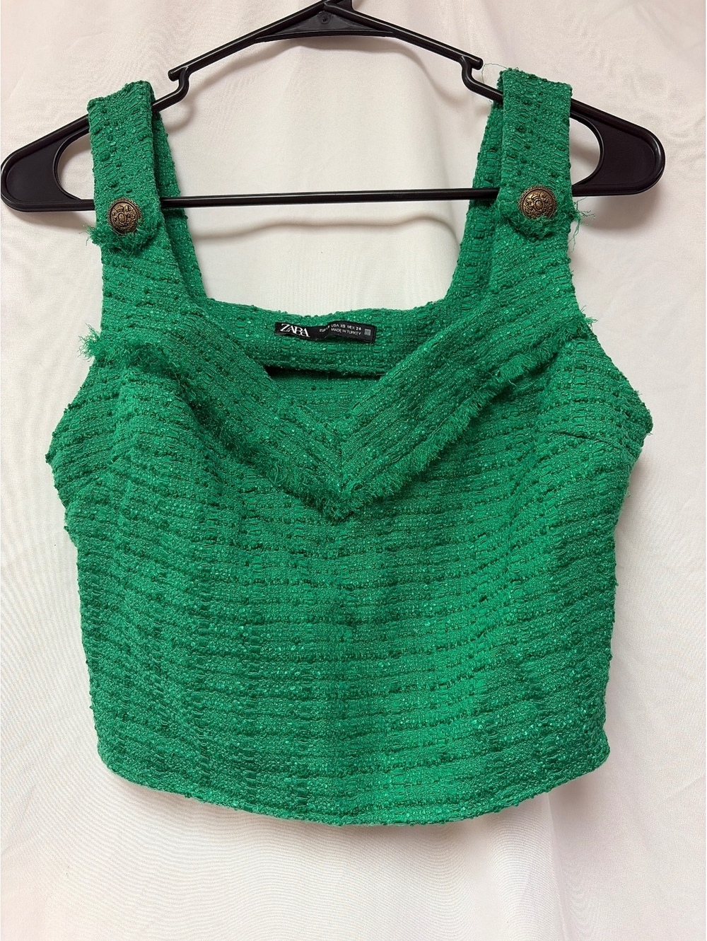 Zara Green Textured Crop Tank Top with Button Straps, Size XS